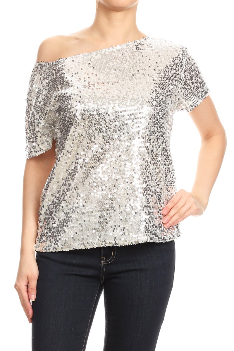 Anna-Kaci Womens Short Sleeve One Shoulder Sparkly Glitter Sequin Top Shirt Blouse, Silver, Medium - Image 1